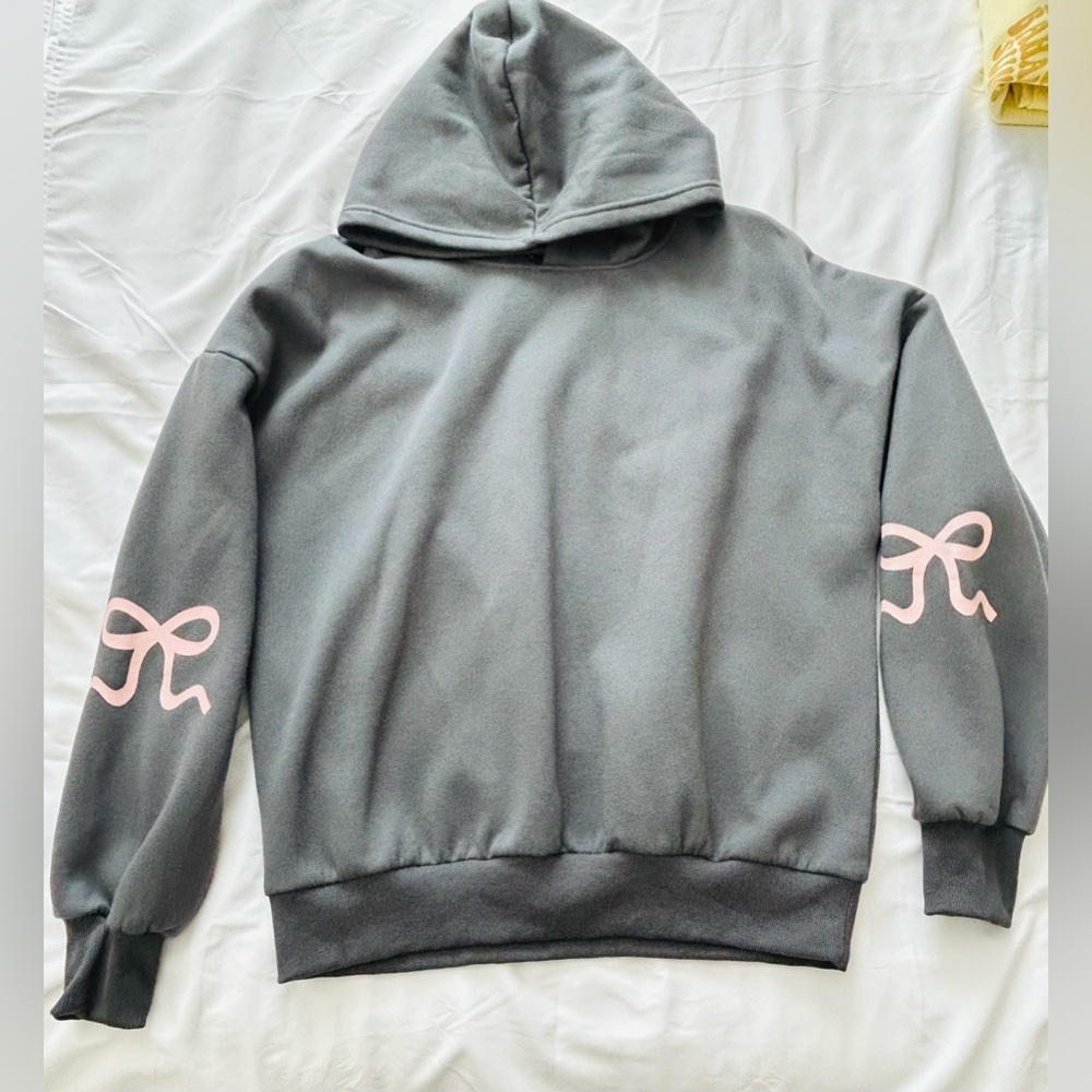 SHEIN Gray Hoodie with Pink Bow Accents